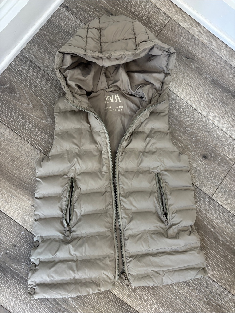 Zara Hooded Quilted Puffer Vest in Taupe